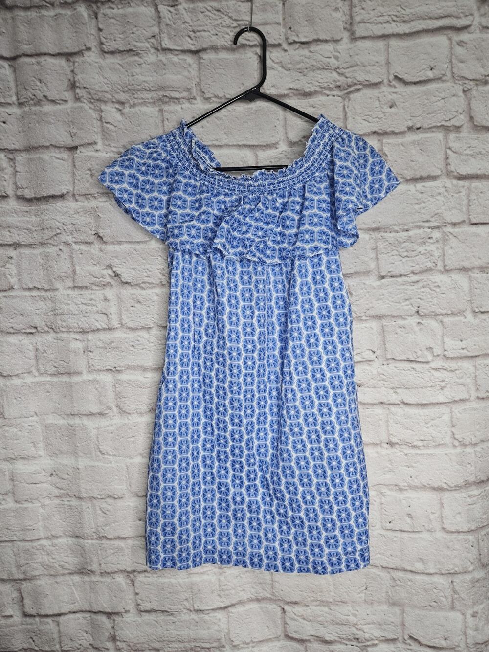 Vineyard Vines Blue Watercolor Geo Ruffle Off-The-Shoulder Coastal Dress XS...